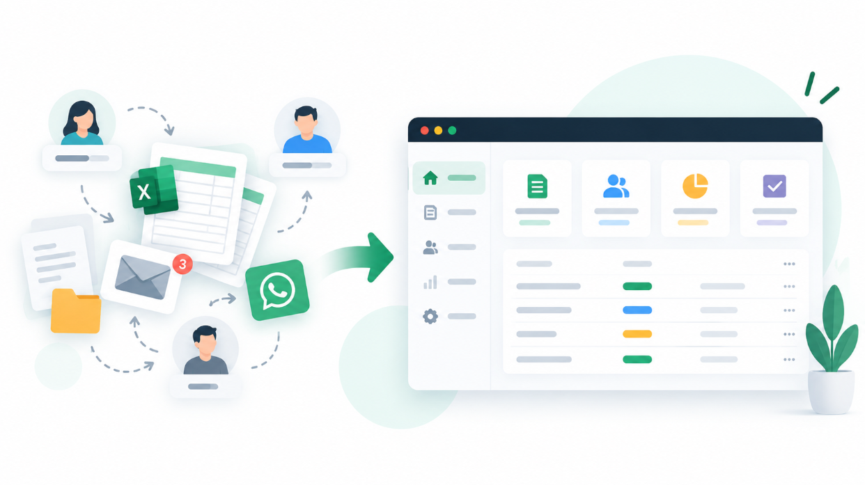 Personas y áreas conectadas mediante un proceso administrativo digital.