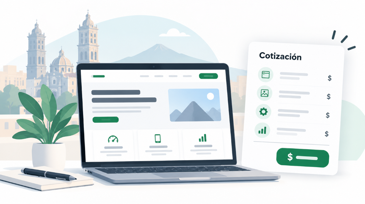 Ilustración de una página web y una cotización de proyecto en Puebla.